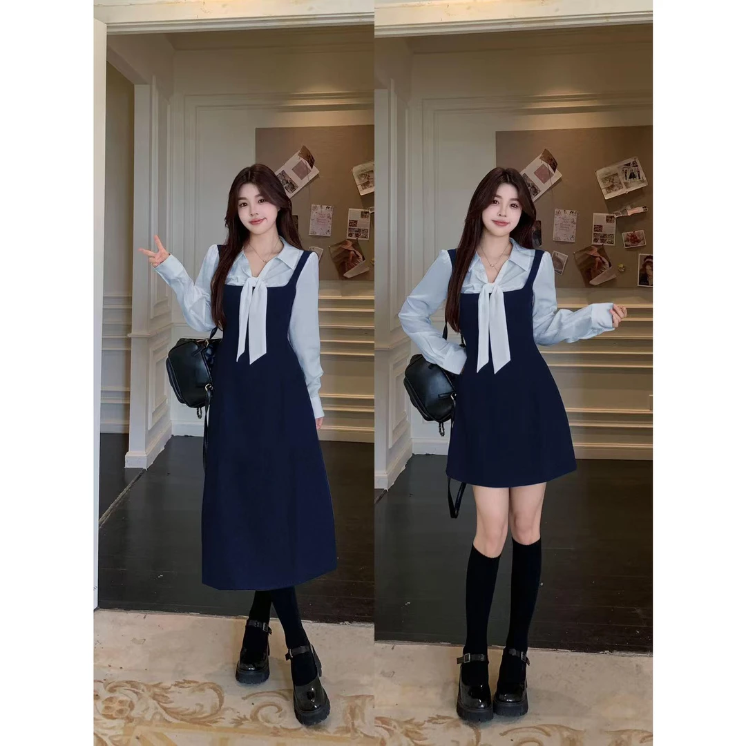 胖mm大码日漫少女韩系学院风显瘦减龄撞色拼接蝴蝶结收腰连衣裙女