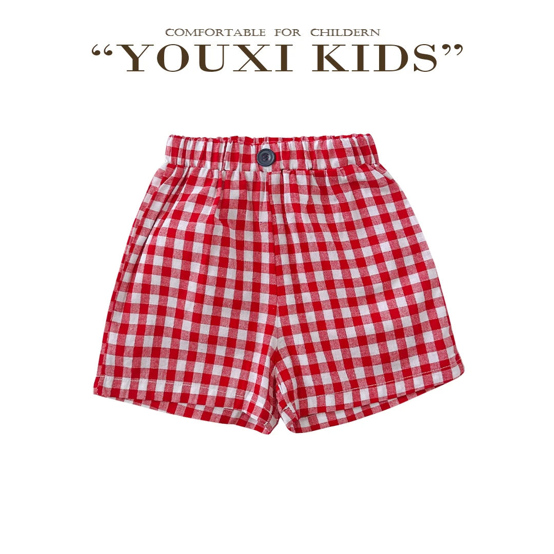 现飞飞家· 果汁气泡新款夏季女童格子夏日水果贴布棉麻短裤FF2762