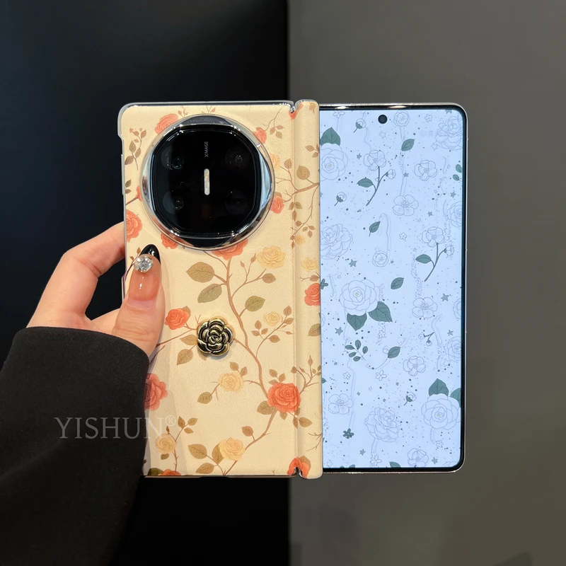 适用华为X6折叠屏手机壳新款复古风皮质山茶花中轴保护MateX6典藏