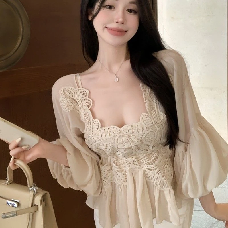 主播服装女上镜清纯可爱甜欲风显胸纯欲蕾丝拼接长袖方领雪纺上衣