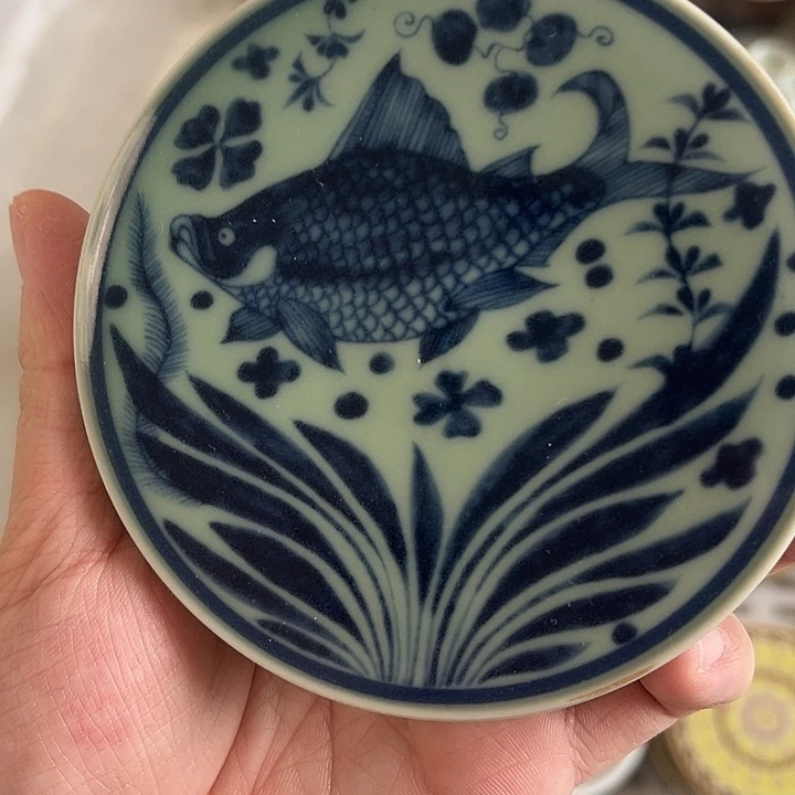 瓷片景德镇青釉鱼藻纹盖置