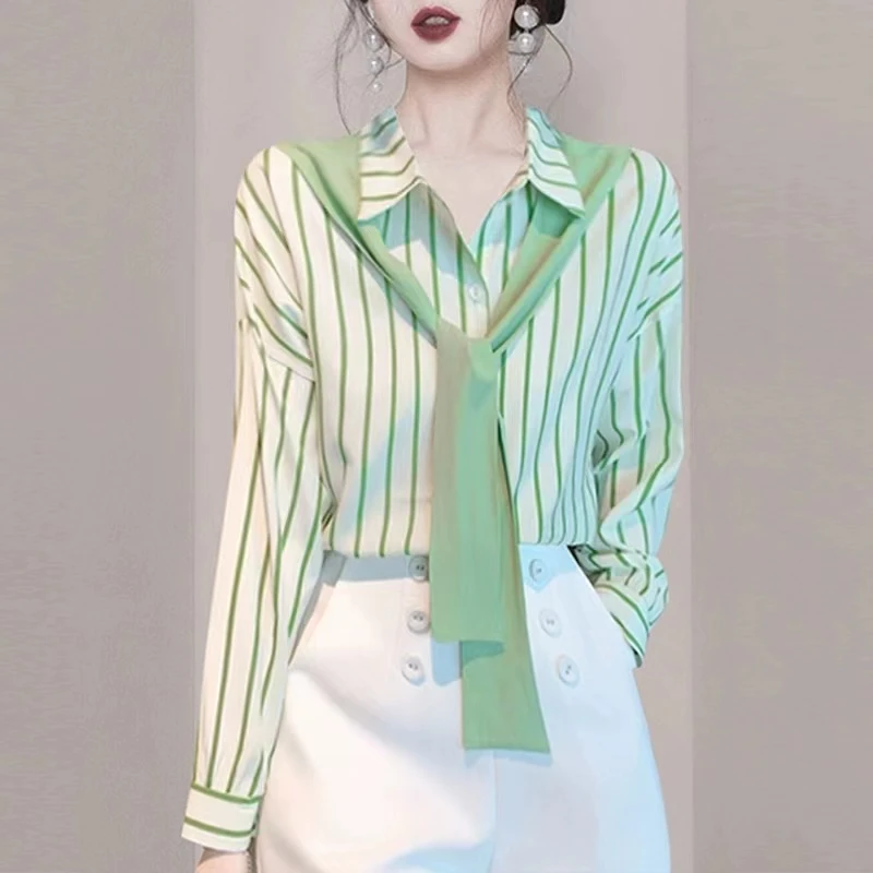 绿色条纹衬衫女春秋季洋气雪纺上衣2025新款时尚飘带披肩衬衣潮