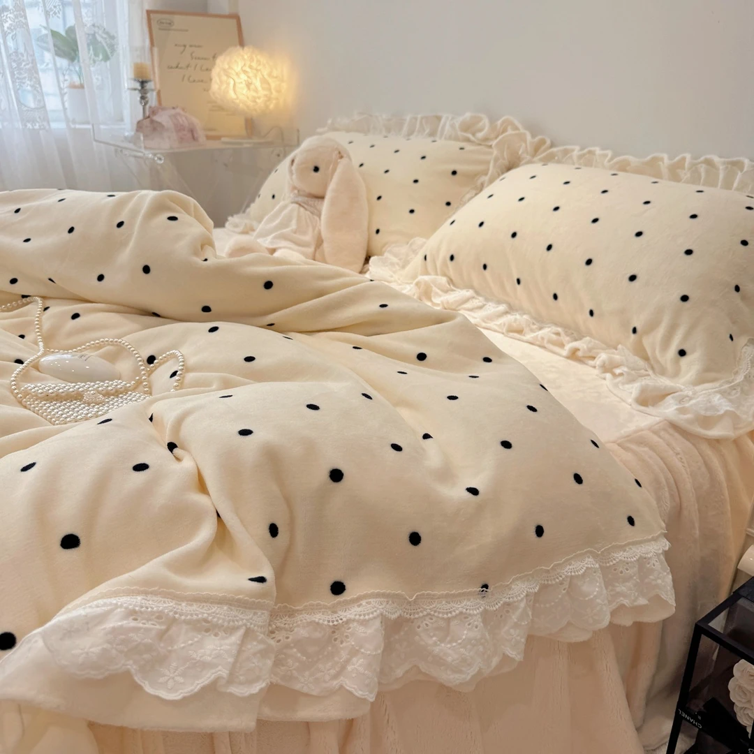 仙女款花边牛奶绒四件套网红波点珊瑚绒被套秋冬加厚法兰绒床裙