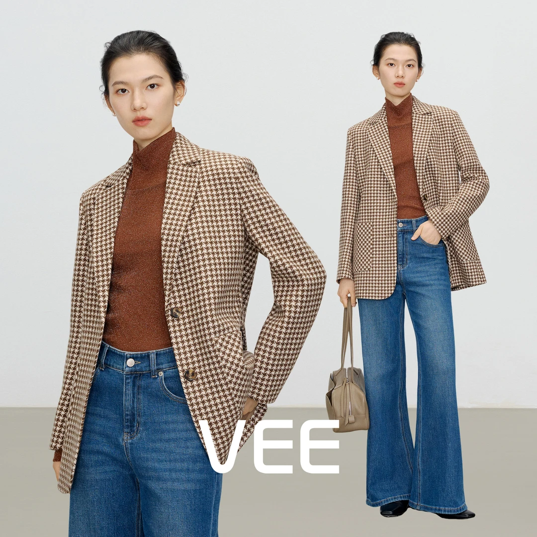 VEE【老钱西装】千鸟格腰带含绵羊毛中长款西服女25秋冬新品