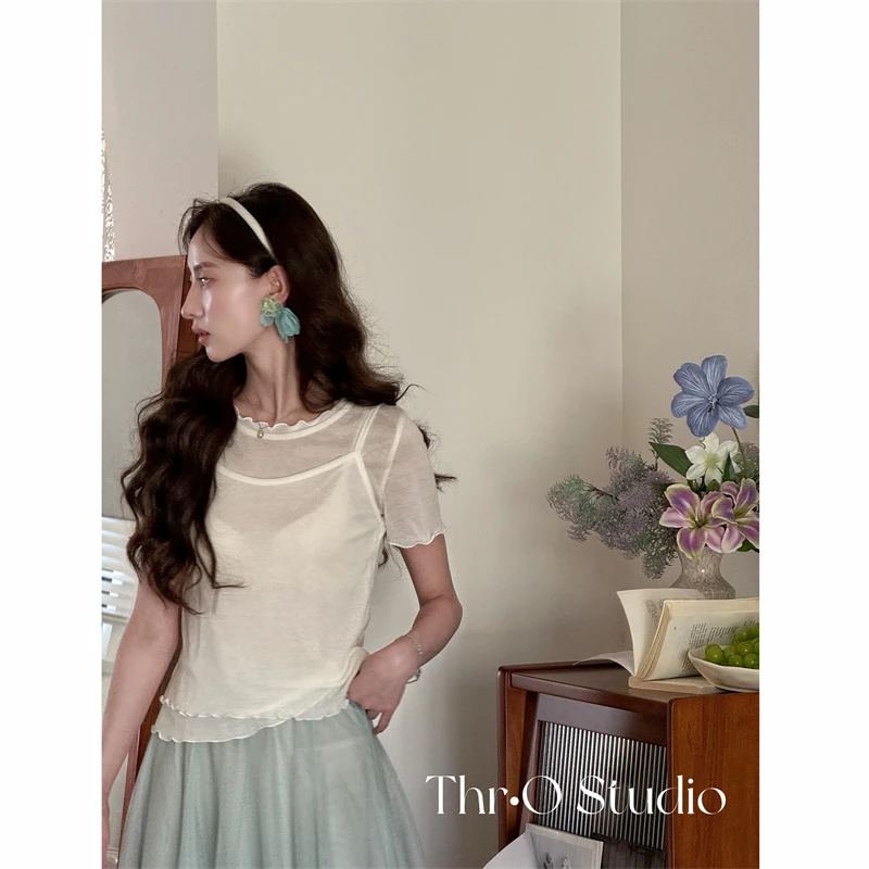 【雪芽】韩系木耳边短袖T恤吊带套装上衣甜美少女风内搭打底短袖t恤