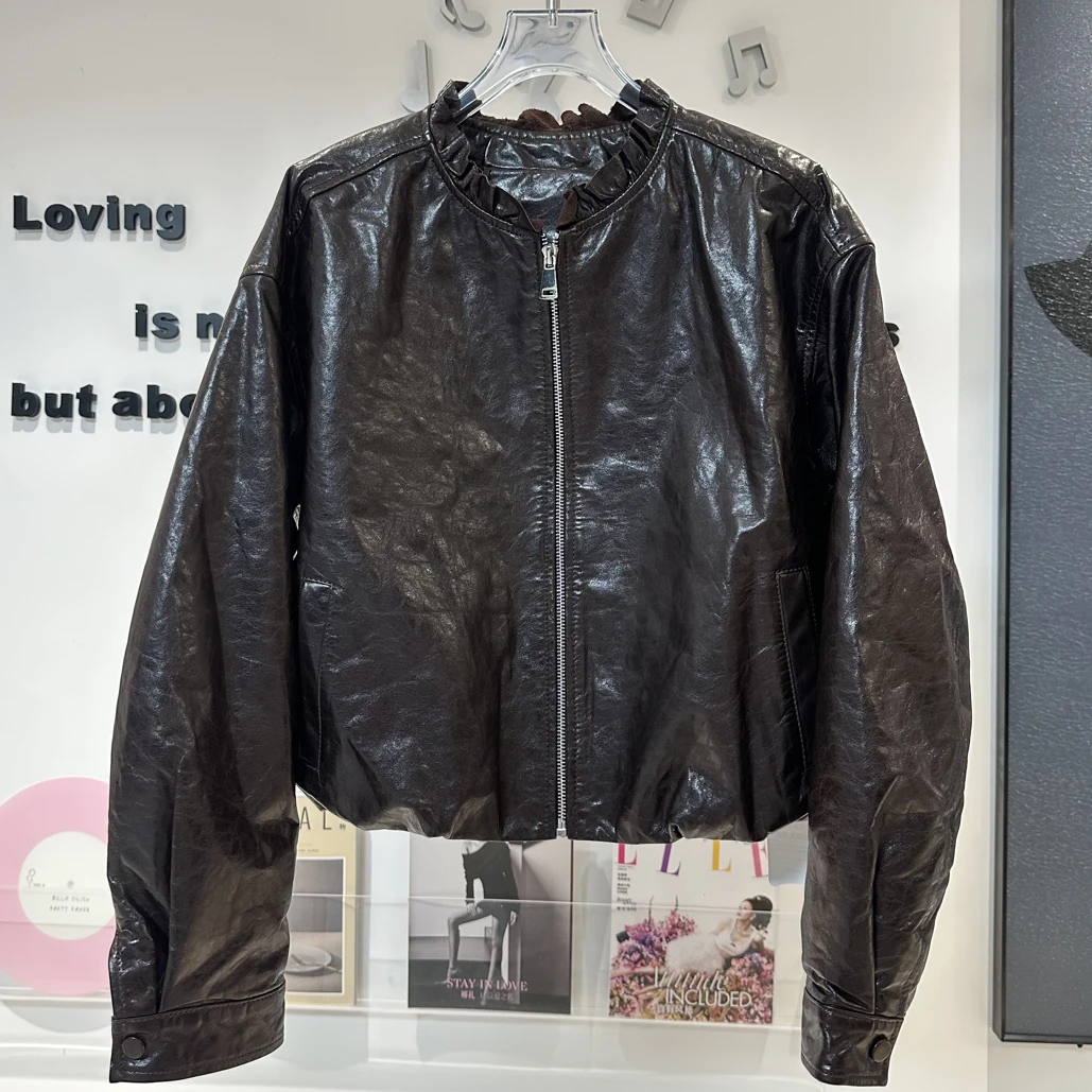 君家双色花边领短款外套