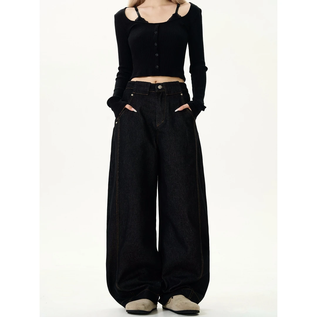 MaxDstr 美式复古丹宁原牛黑色解构拼接弯刀牛仔裤男女宽松阔腿裤