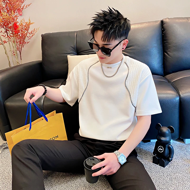 高级感拼接短袖男T恤夏季2025新款潮牌痞帅圆领男士休闲上衣男装