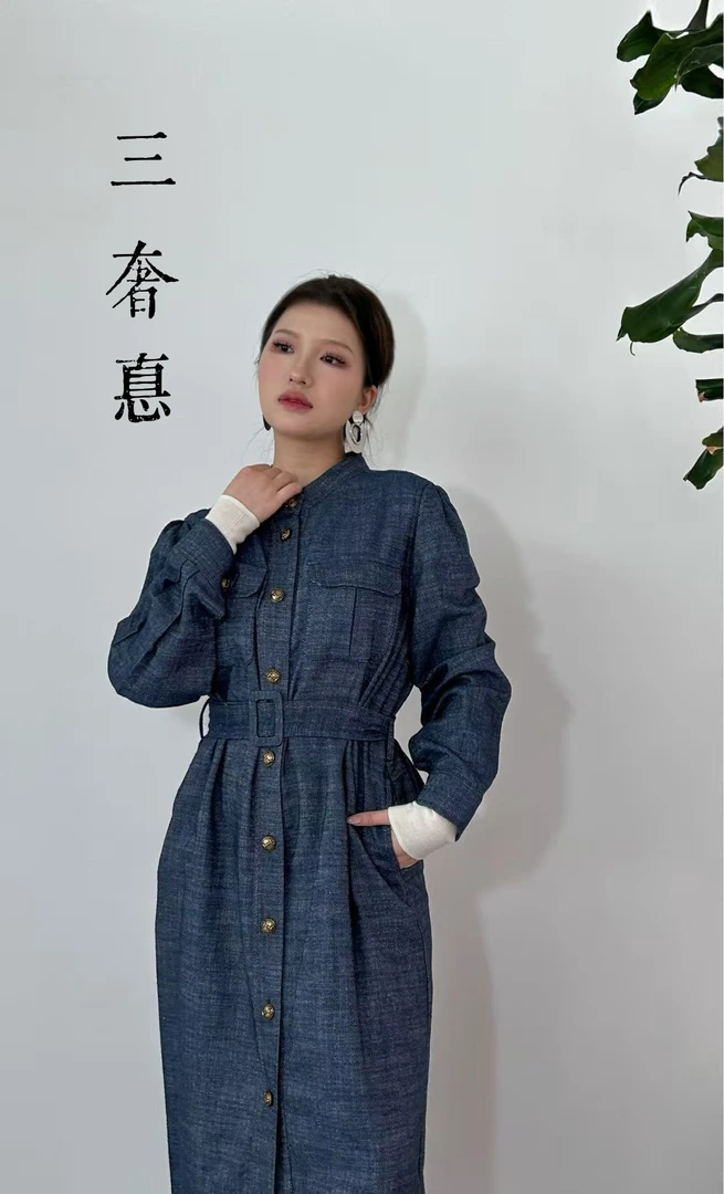 清仓圆领H型裙长袖情绪风连衣裙休闲宽松百搭秋季蓝色时尚