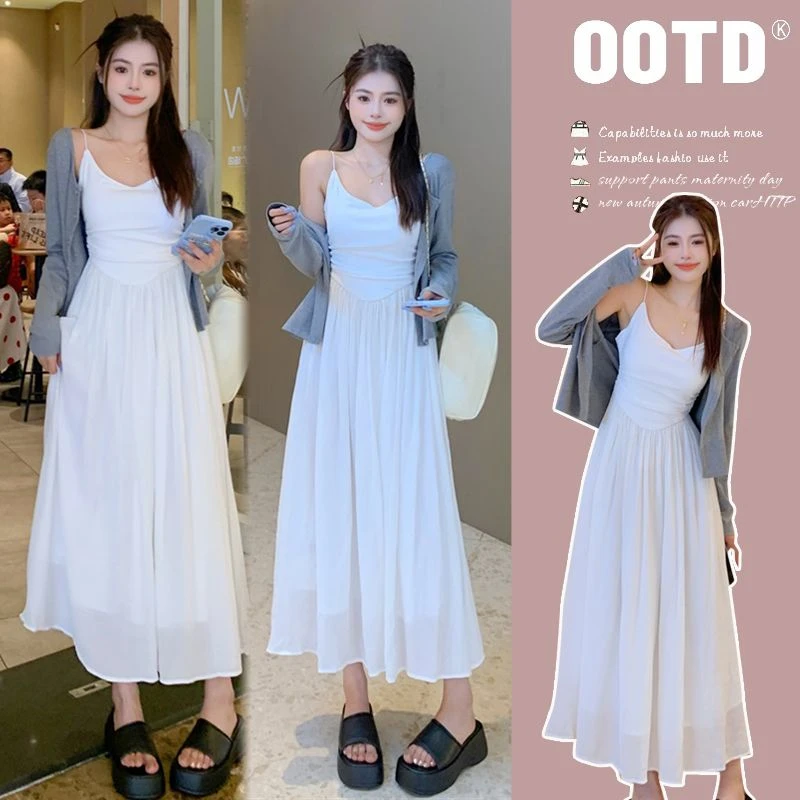 【晚媛若】2025春夏新款孕妇气质白色吊带连衣裙休闲减龄针织开衫