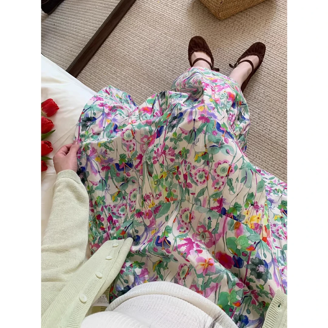 田园风法式复古碎花长款半身裙2025新款高腰显瘦百搭大摆中长裙女