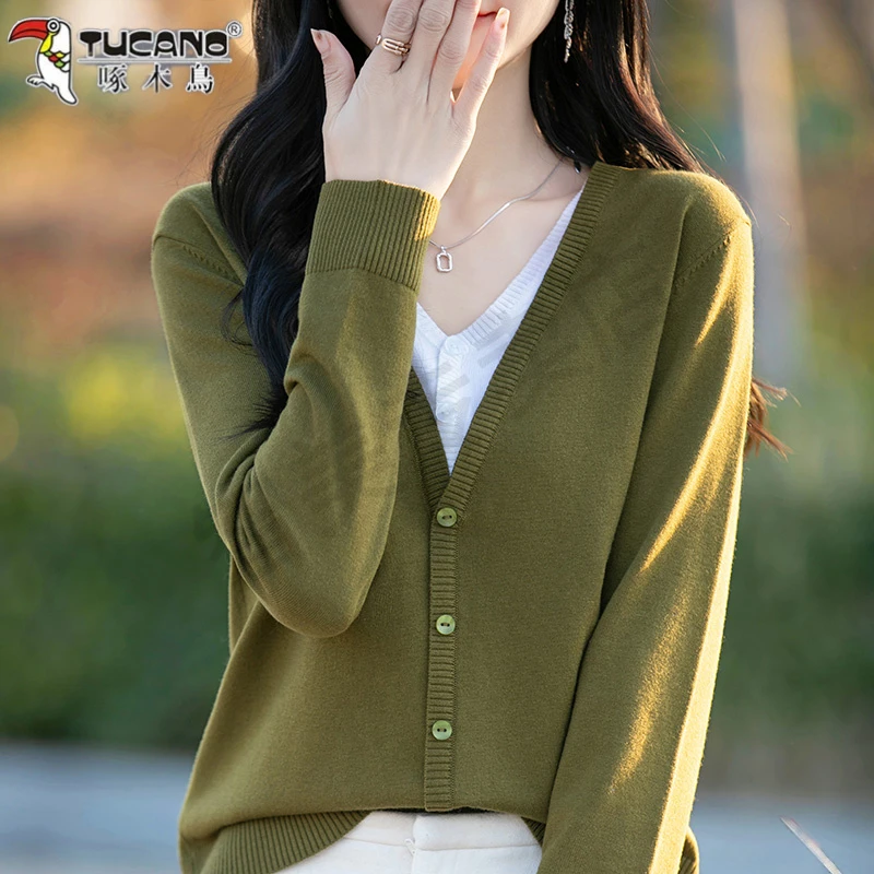 啄木鸟2025年春季假两件显瘦拼色V领百搭洋气时尚减龄长袖羊毛衫