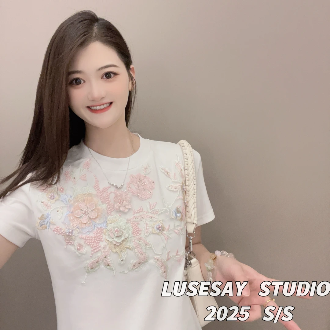 LUSESAY 重工彩色花朵刺绣 夏季2025新款短袖t恤女百搭显瘦上衣