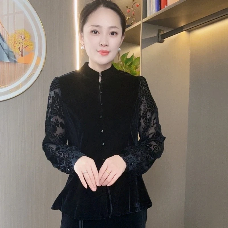 新款定制丝绒烧花袖子新中式国风拼接显瘦气质上衣