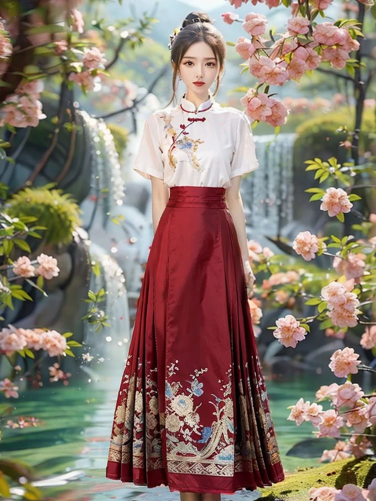 汉服女装绣花上衣马面裙套装2025夏季新款短袖中式复古女装两件套