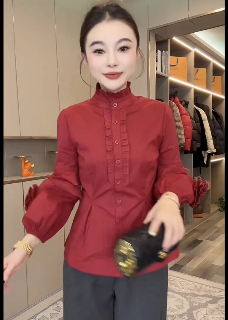 韩系时尚设计感小众衬衫女长袖木耳边立领打底衫洋气减龄显瘦上衣