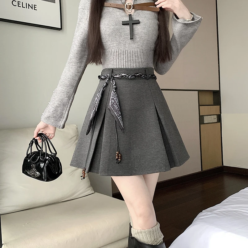 灰色毛呢西装半身裙女秋冬季2025新款高腰显瘦防走光a字百褶短裙