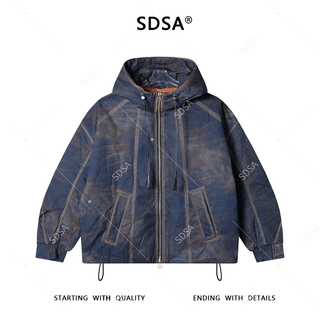 SDSA秋冬新款痞帅男装潮牌扎染拉链立领连帽羽绒服外套休闲百搭