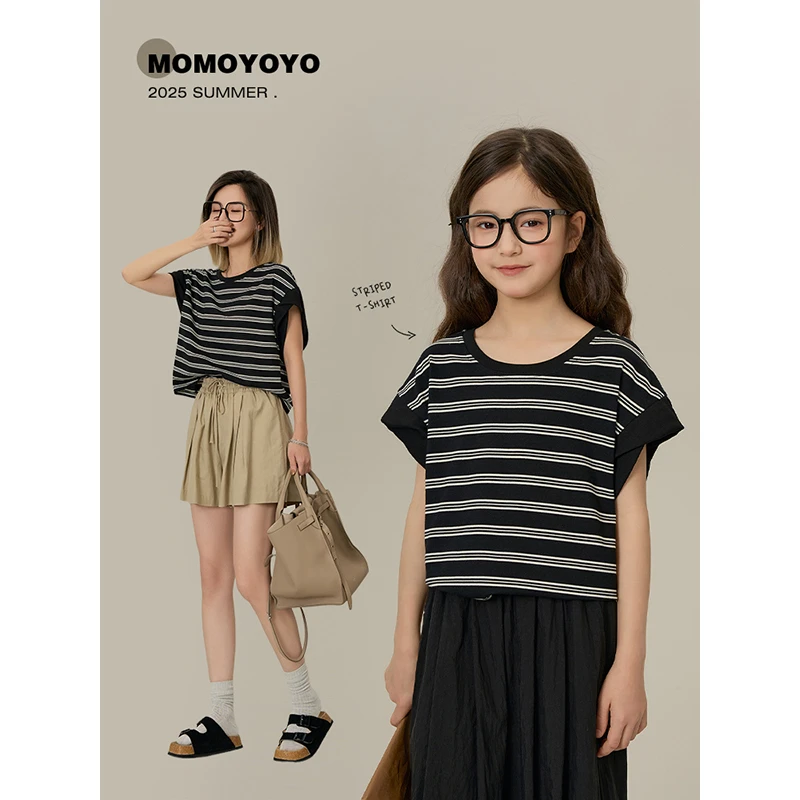 辰辰妈【回头密码】镂空宽松显瘦亲子装拼色圆领落肩条纹T恤 7772D