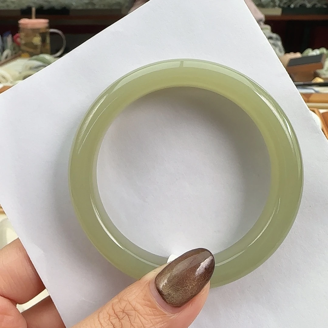 和田玉未镶嵌手镯冰胶 浅茶正圈55-56