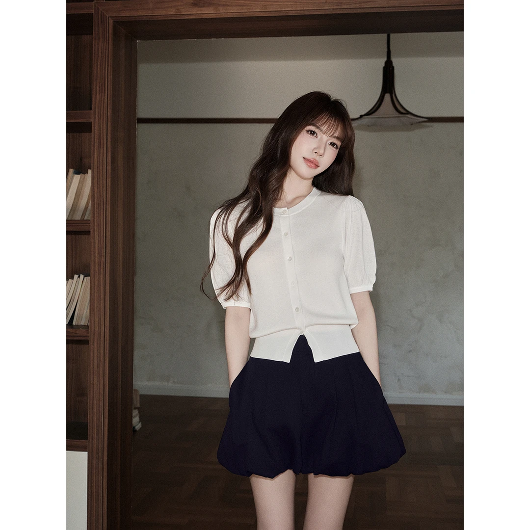 avenement/短袖针织开衫/圆领轻薄泡泡袖短款上衣衬衫女夏季