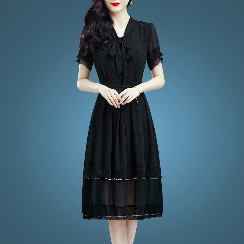 条纹雪纺连衣裙女中长款短袖裙子40004