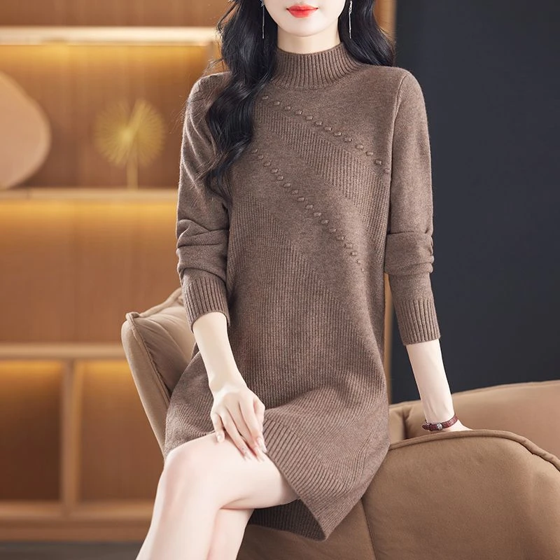 加厚秋冬时尚中长款毛衣打底高领衣裙妈妈宽松大码针织新款毛衣裙