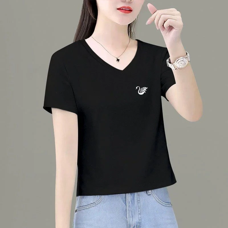 爆款2025夏季V领短袖t恤女95棉纯色新款鸡心领洋气休闲体恤上衣服