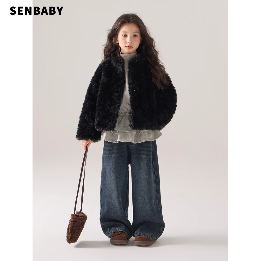 senbaby童装女童保暖加厚上衣2025冬季韩版洋气黑色毛毛外套