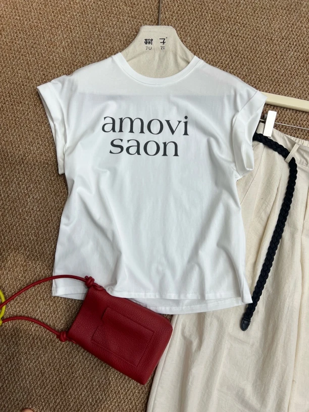 【鞠子JZi】100111高级感慵懒气质宽边袖口圆领字母T恤（胸92长57）