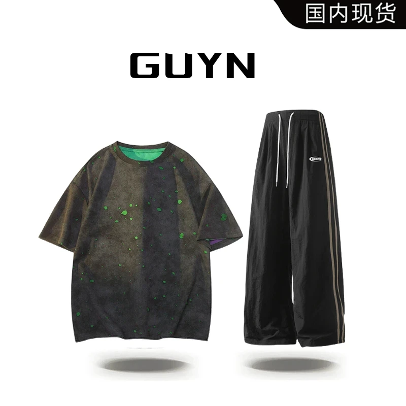 【品牌现货】GUYN夏季美式破洞设计短袖t恤套装条纹直筒裤两件套装