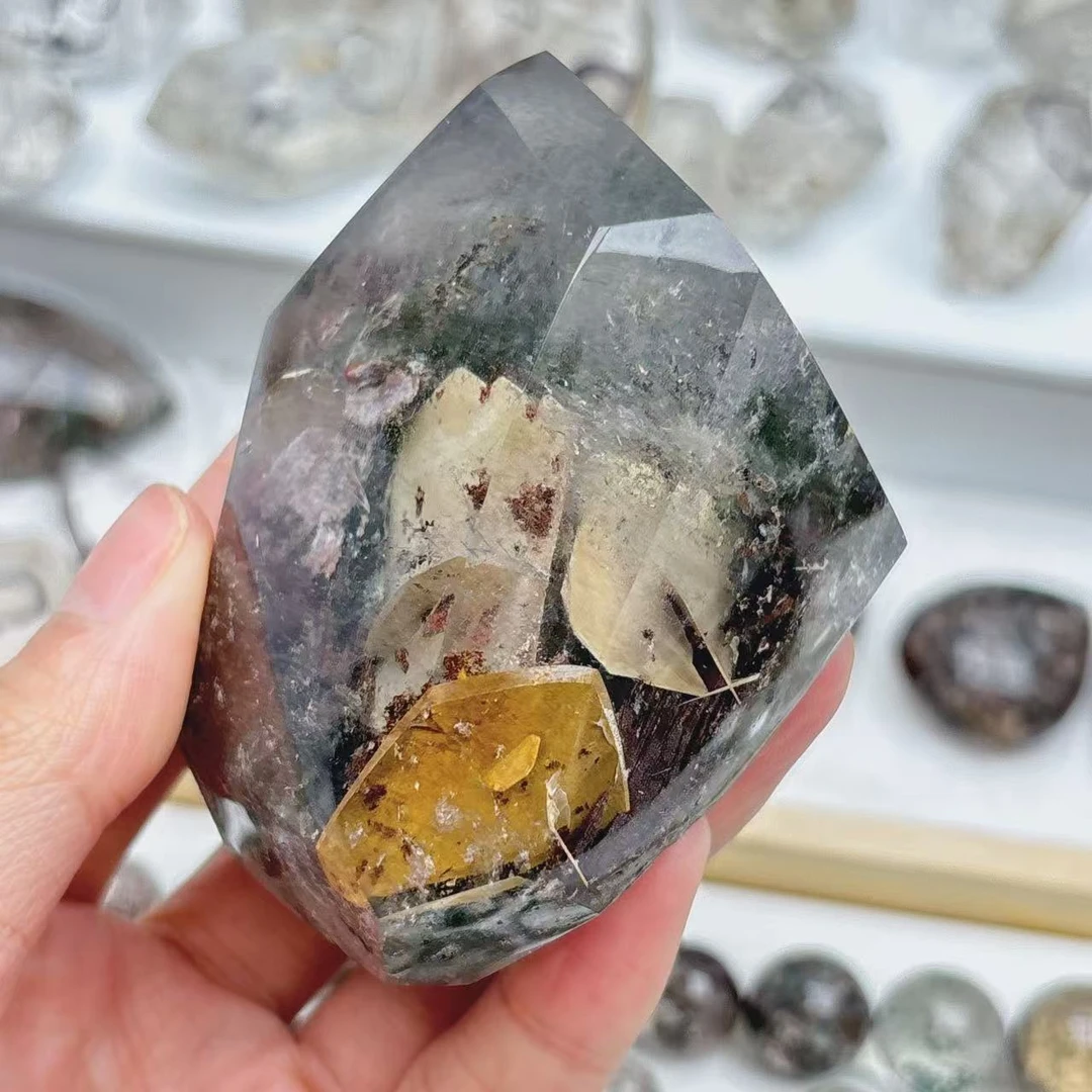 天然水晶四季幽灵摆件云母包裹体