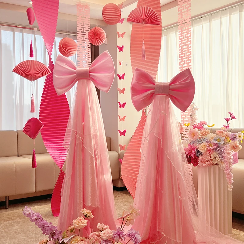 婚礼场景装饰结婚拍照晨袍婚房装扮大路引布置超大红丝绒蝴蝶结