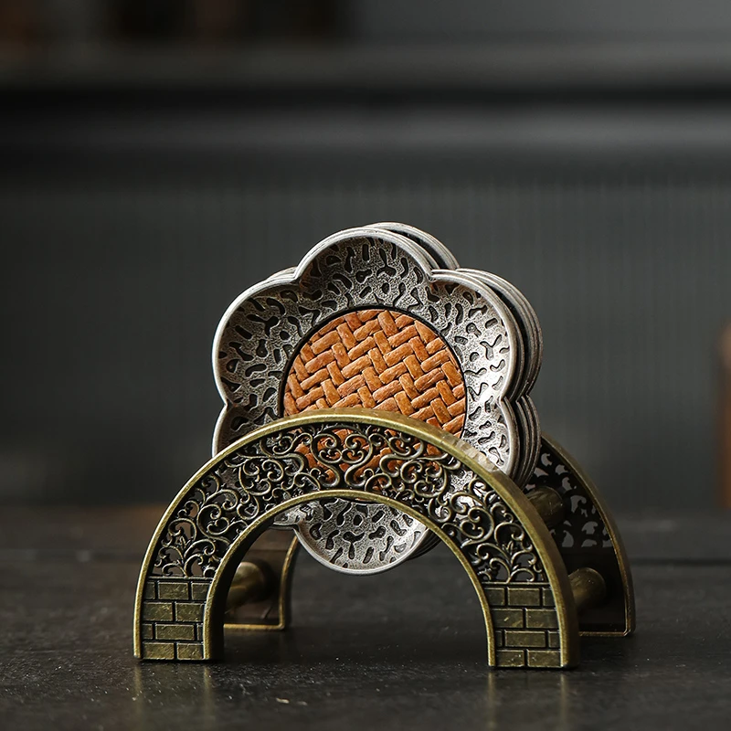 中式茶杯垫竹编创意隔热杯托藤席茶托功夫茶具配件茶室合金杯垫