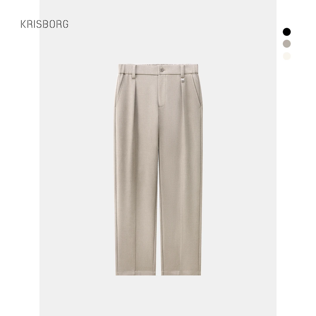 羊毛呢休闲裤男冬季加厚直筒百搭西装裤半松紧腰男士休闲保暖裤子