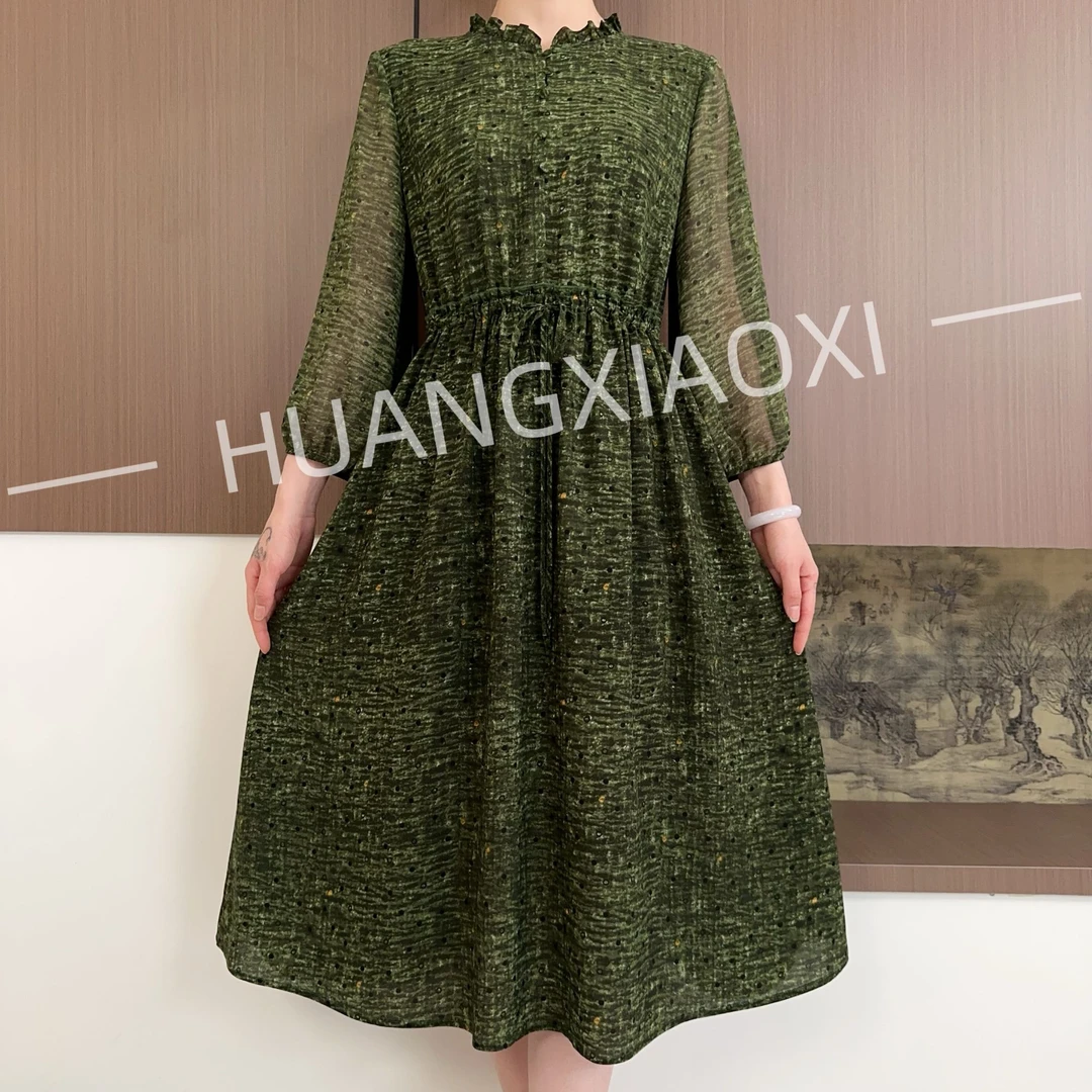 HUANGXIAOXI 螺青绿黑波点花边领中长袖气质减龄连衣裙 HXX-281