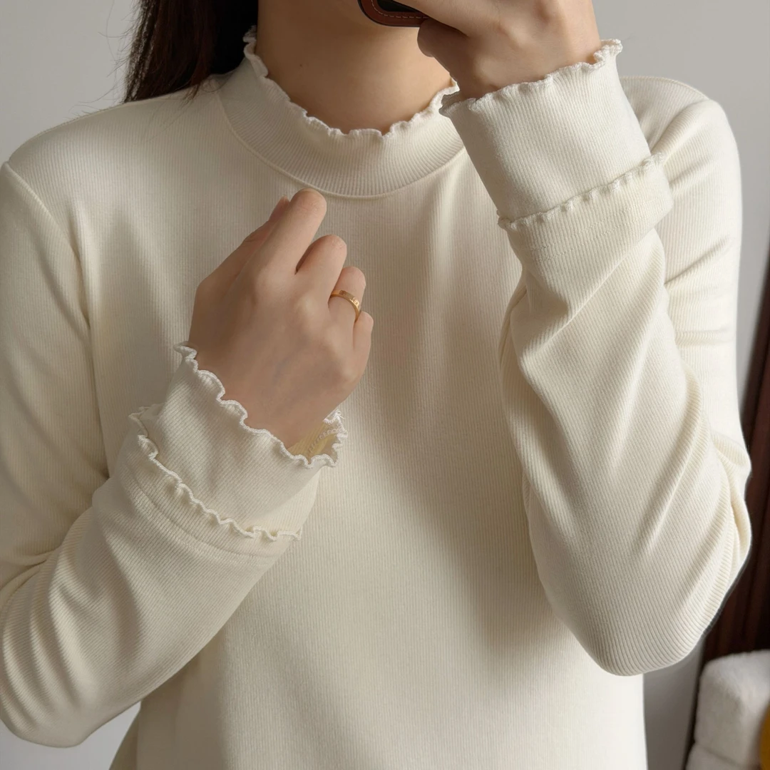 NANA【花边打底】冬季260g慕斯绒木耳边长袖打底衫柔软显瘦C0664