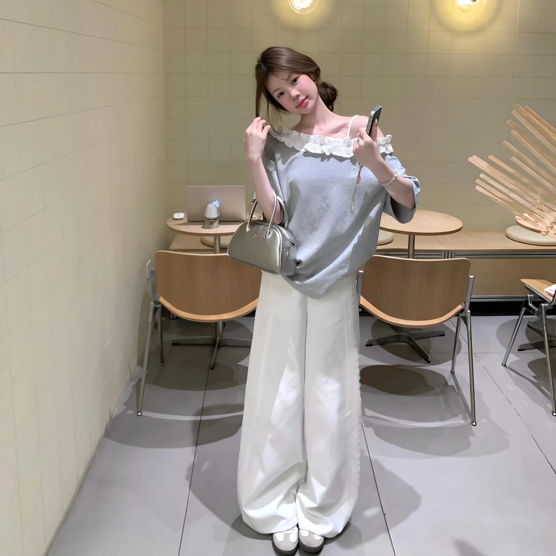 INS CEC今年流行爆款不规则木耳边斜肩上衣女夏季蕾丝拼接休闲裤