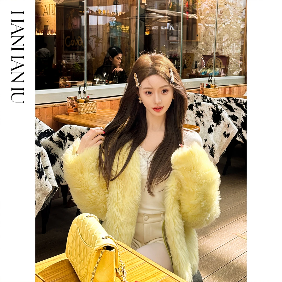 韩韩IU【柠檬落日】高定西班牙托斯卡纳皮毛一体女士修身秋冬款外套