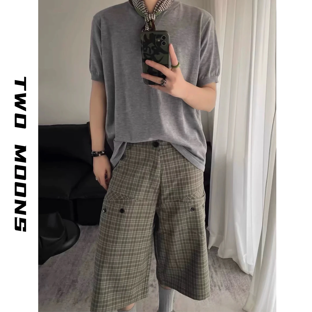 TWOMOONS两个月亮细纹薄荷绿解构休闲口袋七分阔腿宽松格纹短裤男