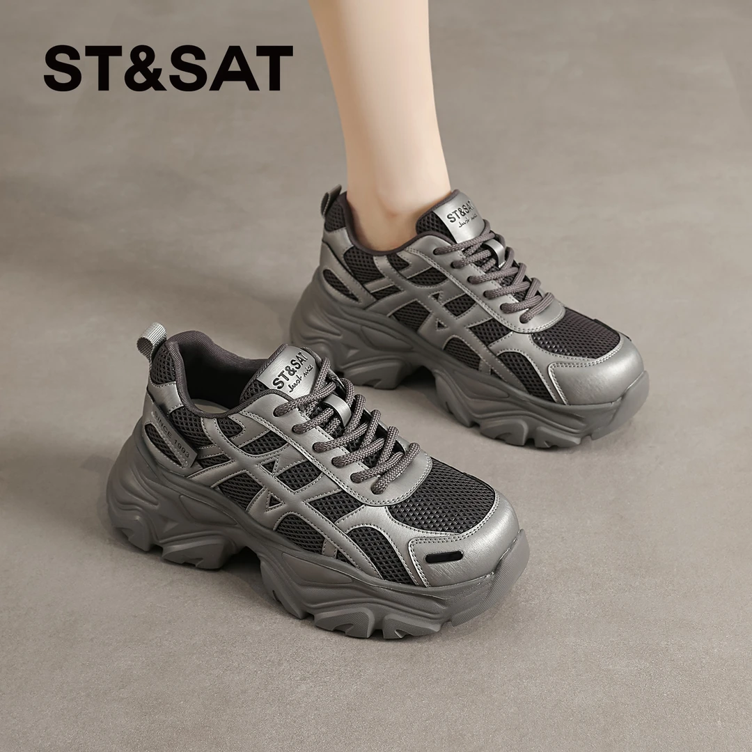 星期六厚底小白鞋女款2025新款网面百搭秋季女士老爹鞋潮流休闲鞋