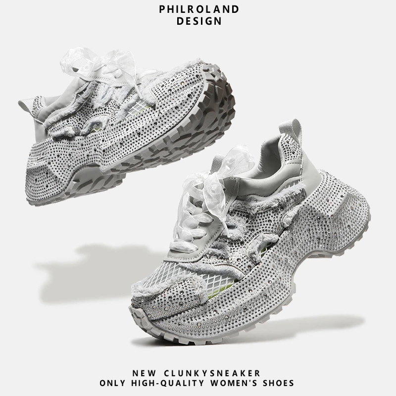欧版轻奢满钻老爹鞋女2025夏季透气网面厚底增高休闲鞋炸街潮鞋