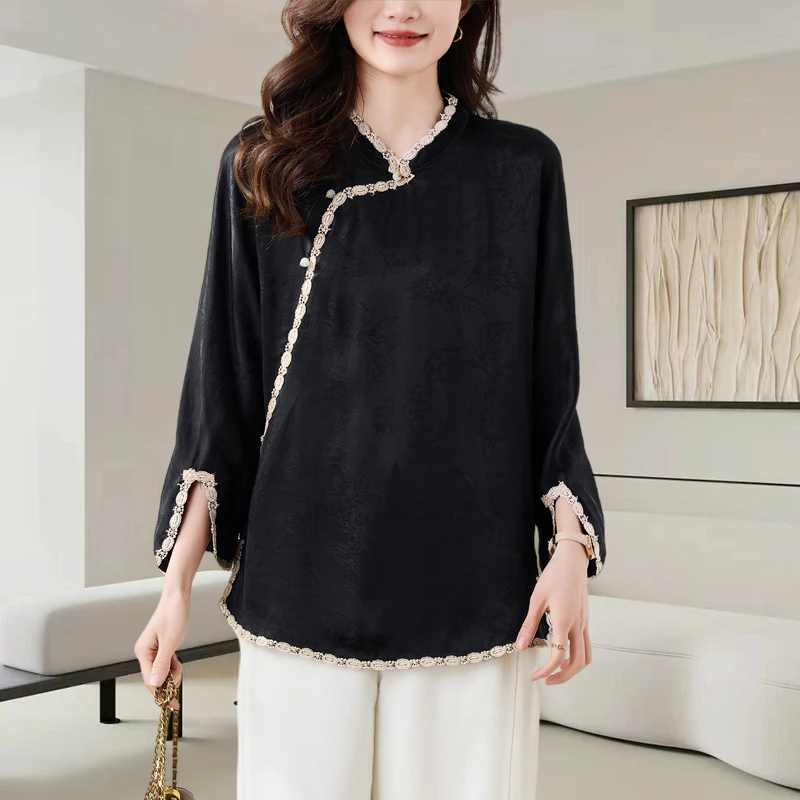 2025秋季新款新中式国风立领斜襟提花衬衫女显瘦百搭气质上衣