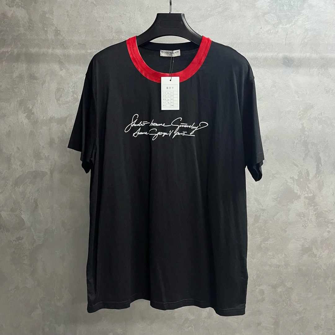 99新 Givenchy/纪梵希 黑色红皮领刺绣图案logo圆领短袖/Xl码/