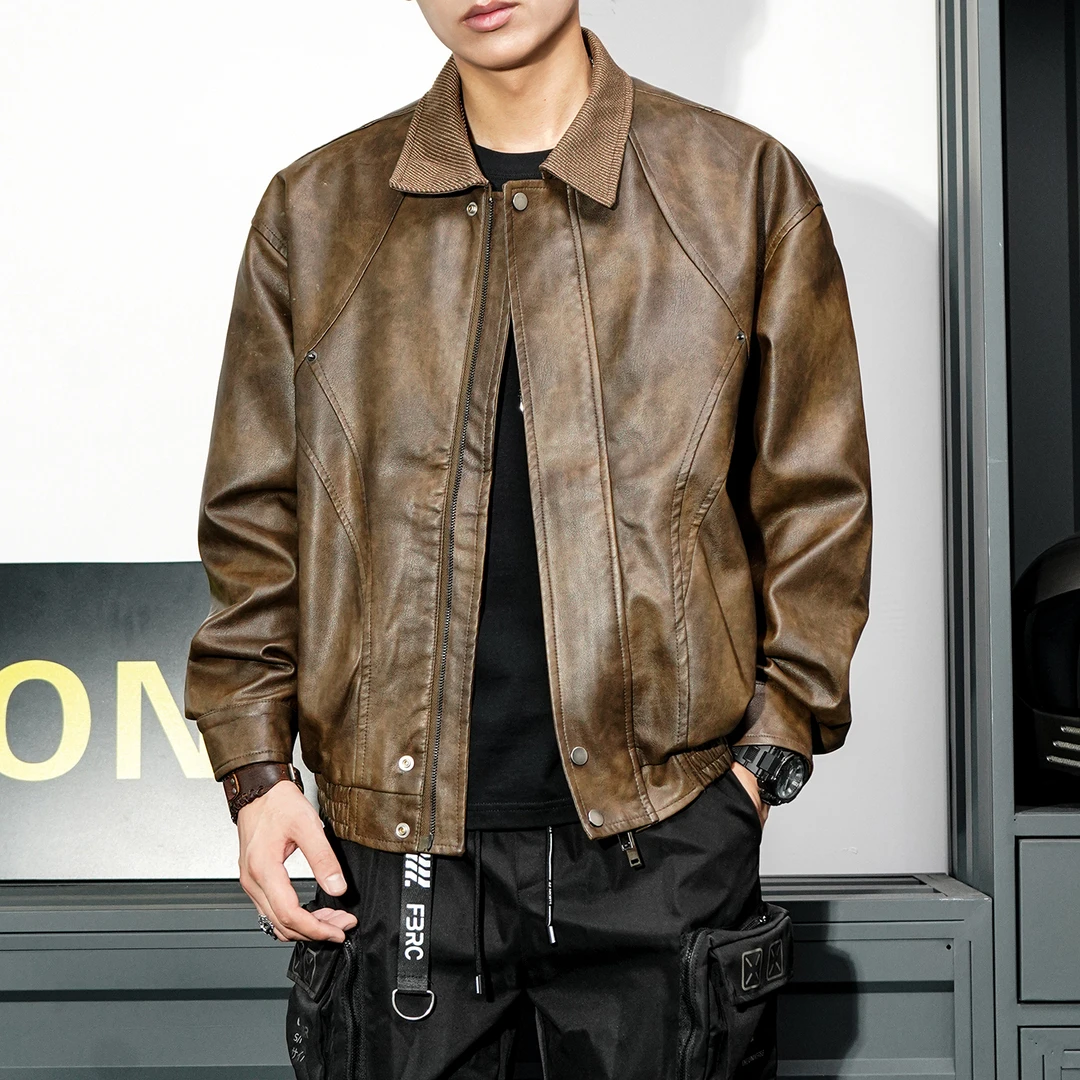 美式复古潮牌咖色短款翻领皮衣外套男秋冬痞帅机车PU宽松皮夹克潮