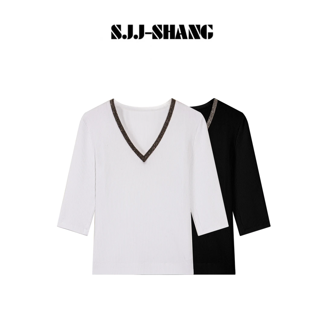 SJJ-SHANG【闪芒】25早秋重磅棉V领修身显瘦气质感T恤上衣q135382p