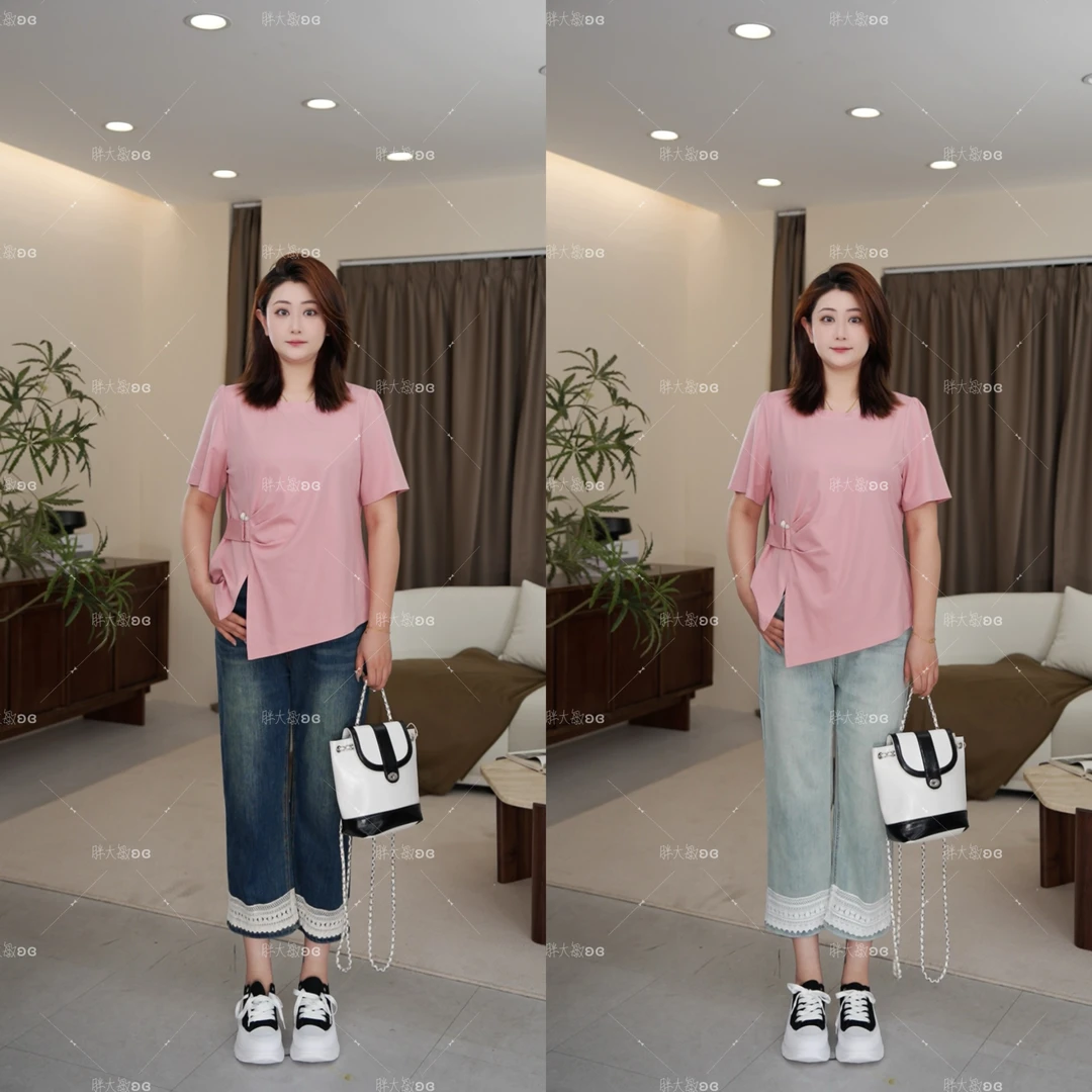 【上新仅裤子】HLY3004夏季新款蕾丝拼接弹力牛仔九分裤