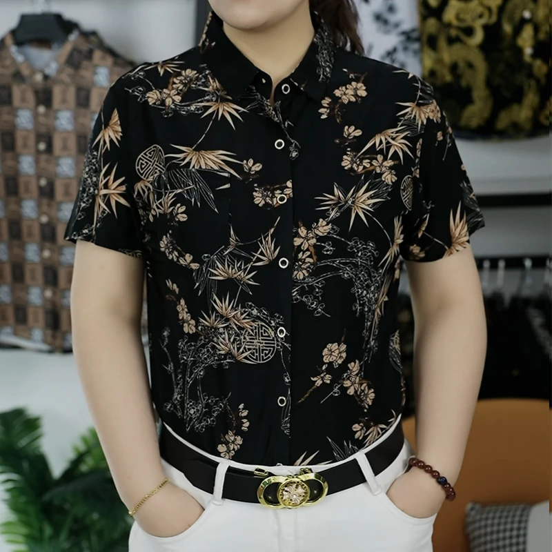 夏季短袖花衬衫男中年碎花爸爸装宽松休闲半袖衬衣冰丝透气有口袋