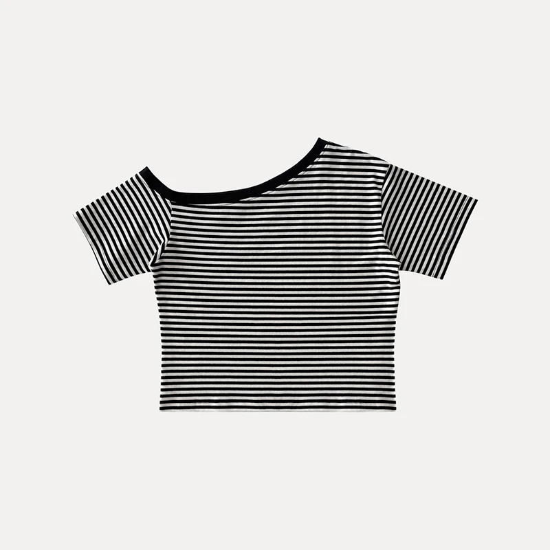 【露肩条纹】深圳货斜肩辣妹不规则 设计感露肩 条纹T恤短款夏季