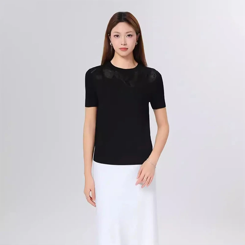 {专柜}商场同款2025年春夏季新款镂空印花针织冰丝T恤女138006